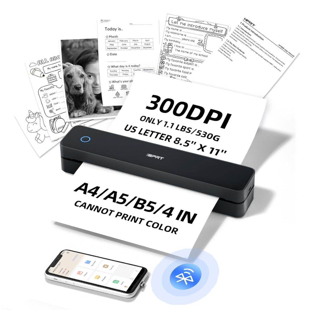 iDPRT Portable-Printer Wireless for Travel, 300DPI Inkless Thermal Small Printers for Home Use, Office, Vehicles, Mobile Bluetooth Printer Supports 8.5 x 11 US Letter, for Smartphone  PC,Black
