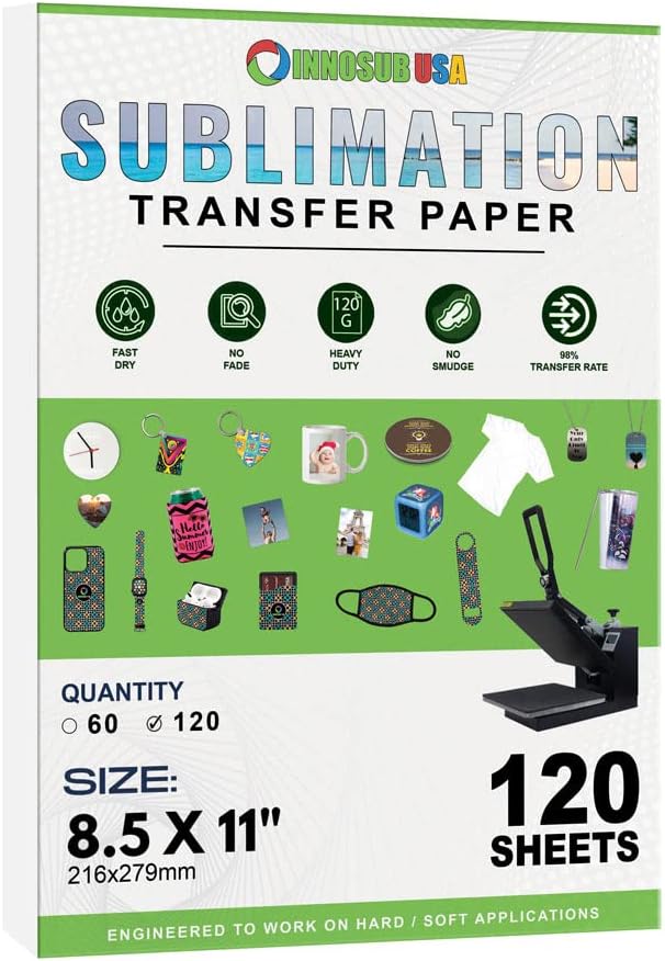 INNOSUB Dye Sublimation Transfer Paper for InkJet Printers 8.5X11, Dye Sublimation Heat Transfer Paper (Pack of 120 Sheets) by INNOSUB USA