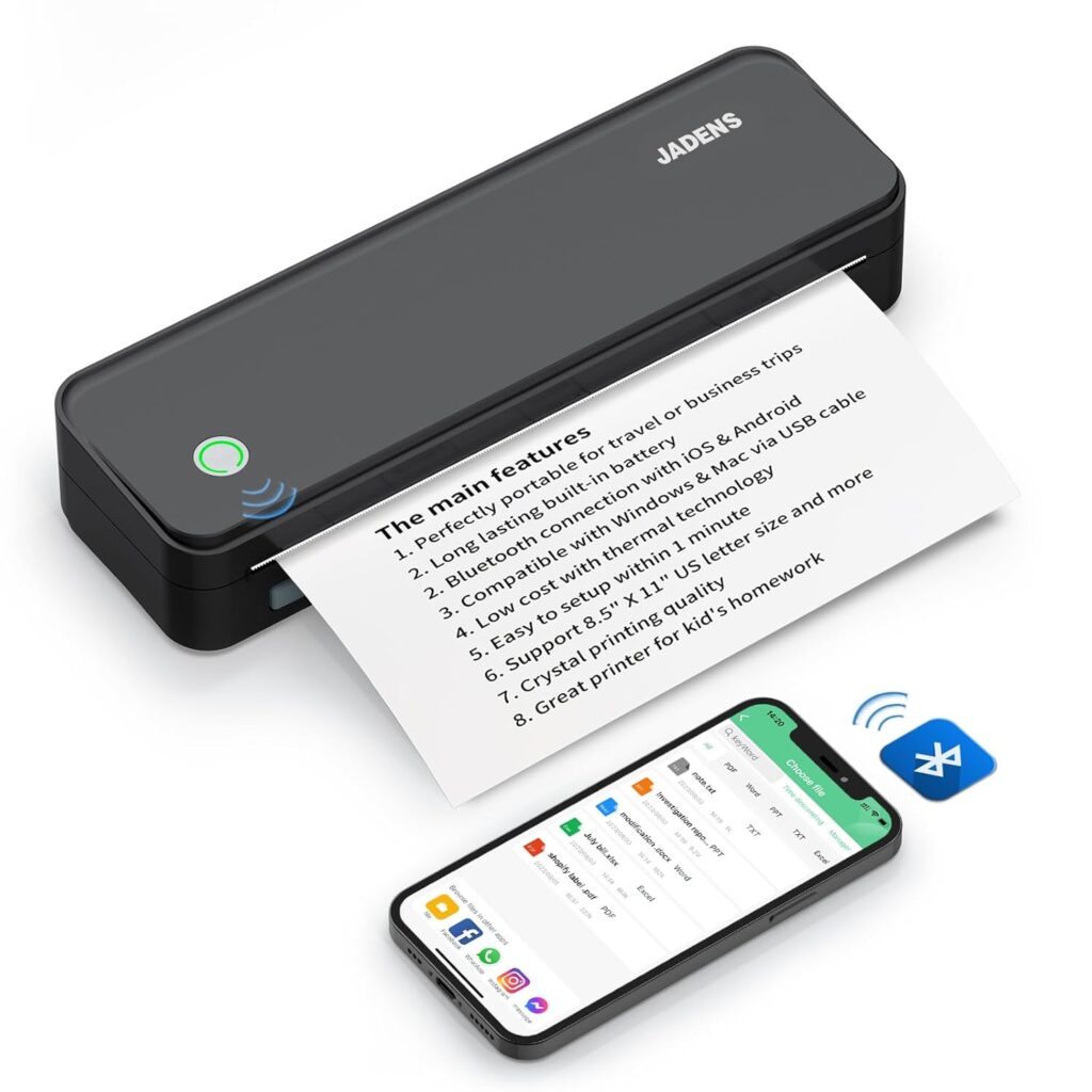 JADENS Bluetooth Thermal Printer, Support 8.5 X 11 US Letter, Portable Printers Wireless for Travel, Inkless Printer Compatible with iOS, Android, Mobile Printer for Home, Office, School