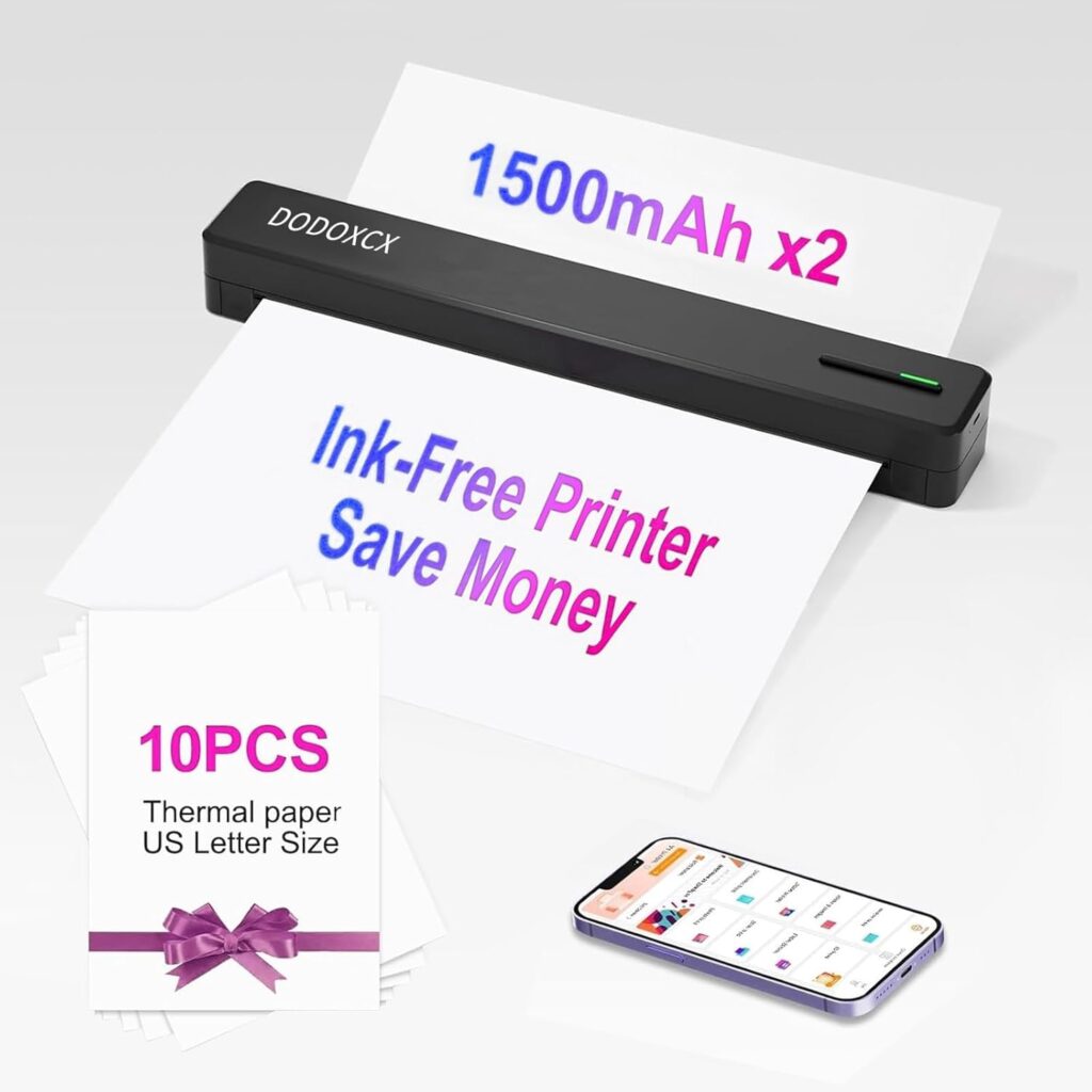 Portable Printers Wireless for Travel, Portable-Thermal-Bluetooth-Inkless-Printer Support 8.5 X 11 US LetterLegal,A4,A5,with 10 pcs Folded Thermal Paper,Compatible with Android,iOS PhoneLaptop