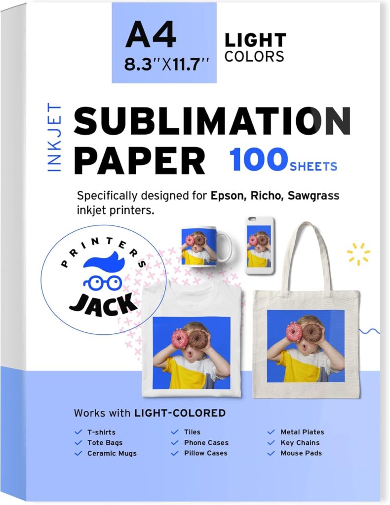 Printers Jack Sublimation Paper - Heat Transfer Paper 100 Sheets 8.3 x 11.7 for Any Epson HP Canon Sawgrass Inkjet Printer with Sublimation Ink for T shirt Mugs DIY