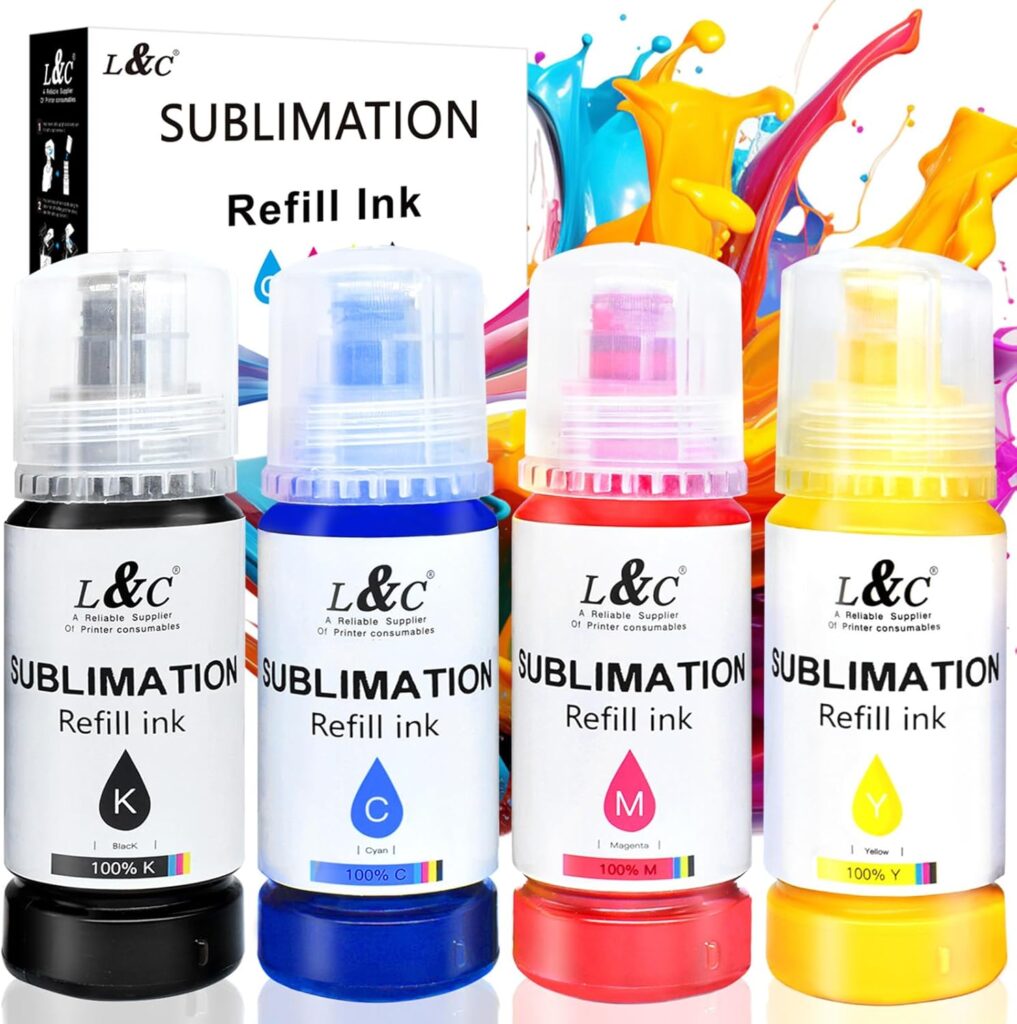 Sublimation Ink for Epson ET2400 ET2720 ET4800 ET-2803 ET-2800 ET-2840 ET-4700 ET-2760 ET-2750 ET-2850 ET-15000 Inkjet Printers Sublimation Ink Refilled Bottles for Heat Transfer Mug T Shirts