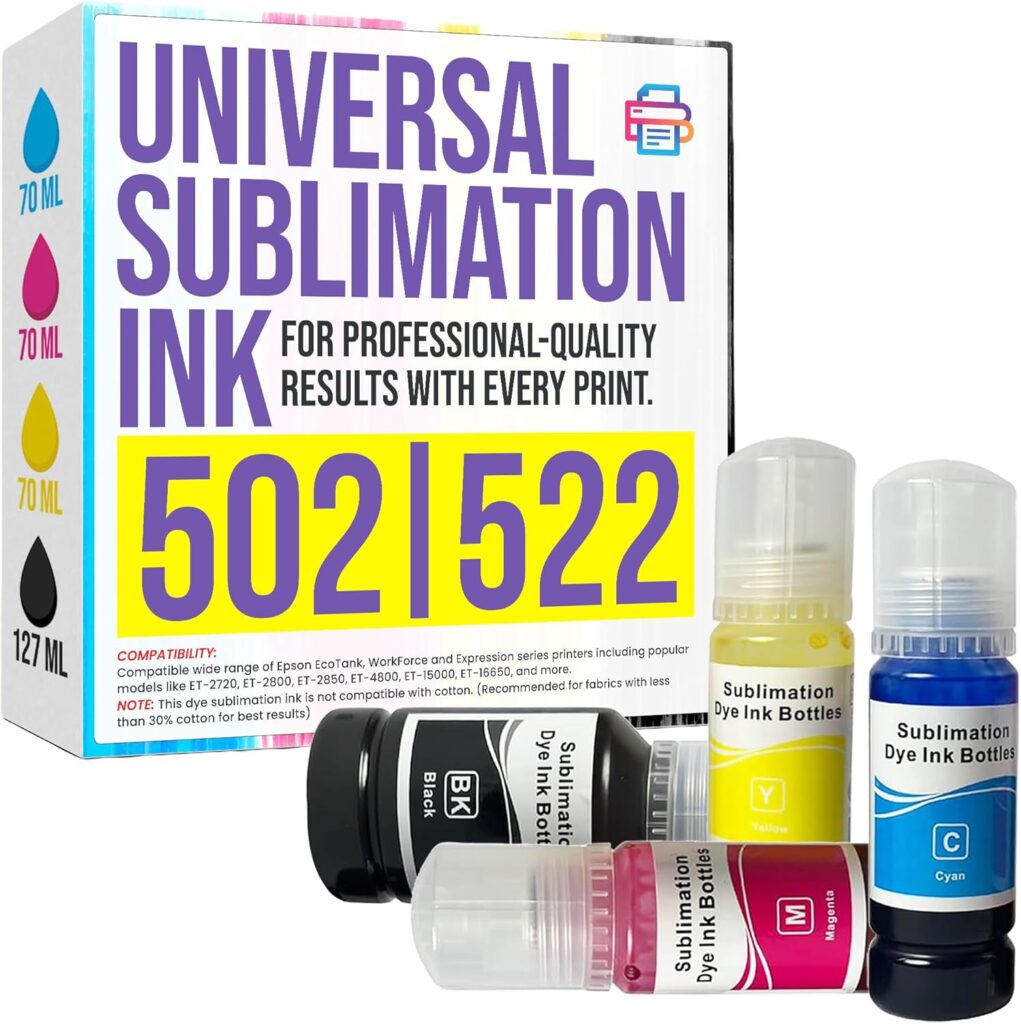 Sublimation Ink Universal for 502, 522 (BK) 127ml  (CMY) 70ml for All Dye Based Ink Models ET-2800 ET-2700 ET-2750 ET-4800 ET-2400 Heat Press Transfer on Mugs, T-Shirts, Anti-UV ICC-Free