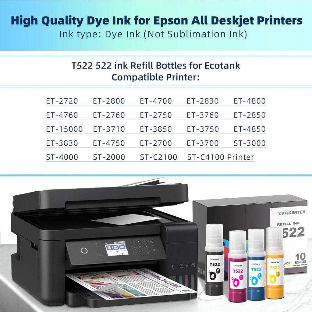 10 Bottles 522 Ink Refill Bottles for Ecotank ET-2800 ET-2720 ET-2803 ET-4700 ET-4800 ET-4810 ET-2400 ET-2840 Printer (Not Sublimation Ink)