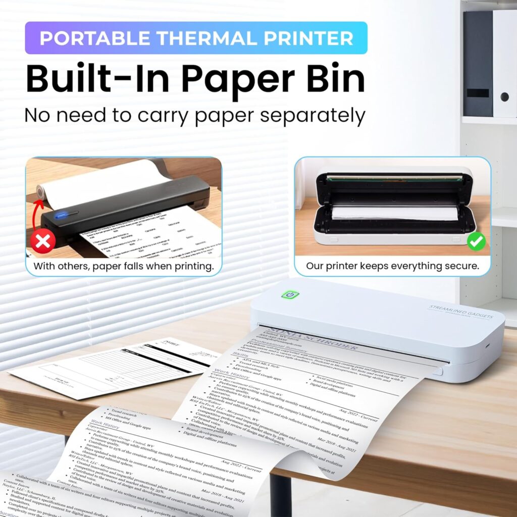 2025 Portable Wireless Inkless Thermal Printer – Bluetooth Mobile Printer for iPhone, Android, Laptop, Tablet for Home and School– 8.5”x11” w/Free Shockproof Case  3 Rolls Thermal Paper