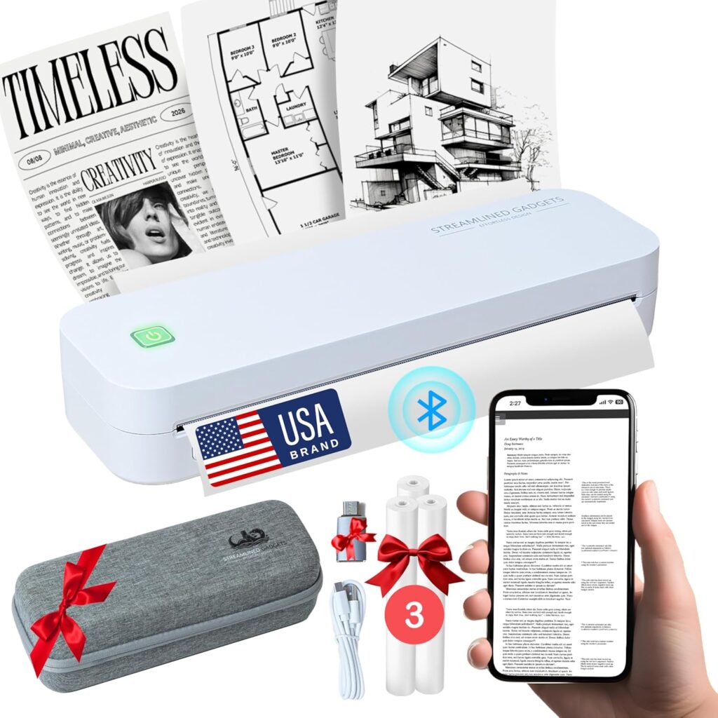 2025 Portable Wireless Inkless Thermal Printer – Bluetooth Mobile Printer for iPhone, Android, Laptop, Tablet for Home and School– 8.5”x11” w/Free Shockproof Case  3 Rolls Thermal Paper