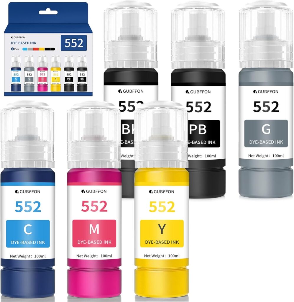 552 Ink 600ml Refill Ink Bottle Replacement for EcoTank Photo ET-8550 ET-8500 Printer High Capacity 6-Pack (Not Sublimation Ink)