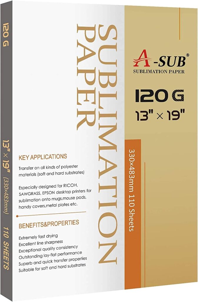 A-SUB Sublimation Paper 13x19 Inch 120GSM, 110 Sheets - Compatible with Inkjet Printers  Sublimation Inks, High Transfer Efficiency for T-Shirts, Mugs, Crafts