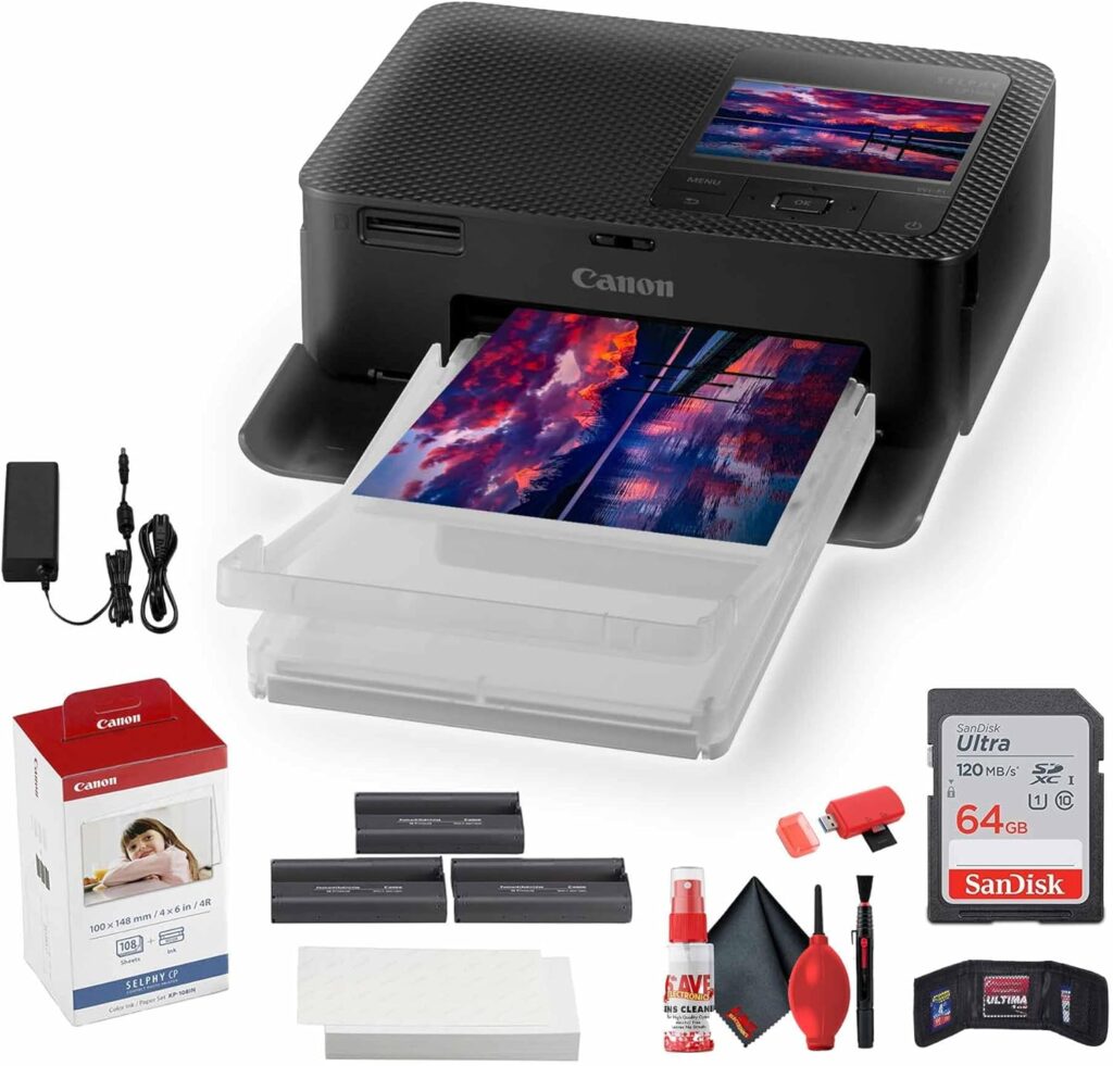 Canon SELPHY CP1500 Wireless Photo Printer with KP-108IN Ink (Black) | Compact 4x6 for Mobile Printing + 64GB Ultra Memory Card + Cleaning Kit + More
