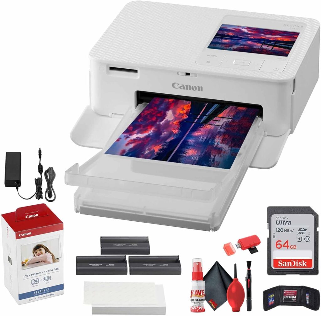 Canon SELPHY CP1500 Wireless Photo Printer with KP-108IN Ink (White) | Compact 4x6 for Mobile Printing + 64GB Ultra Memory Card + Cleaning Kit + More