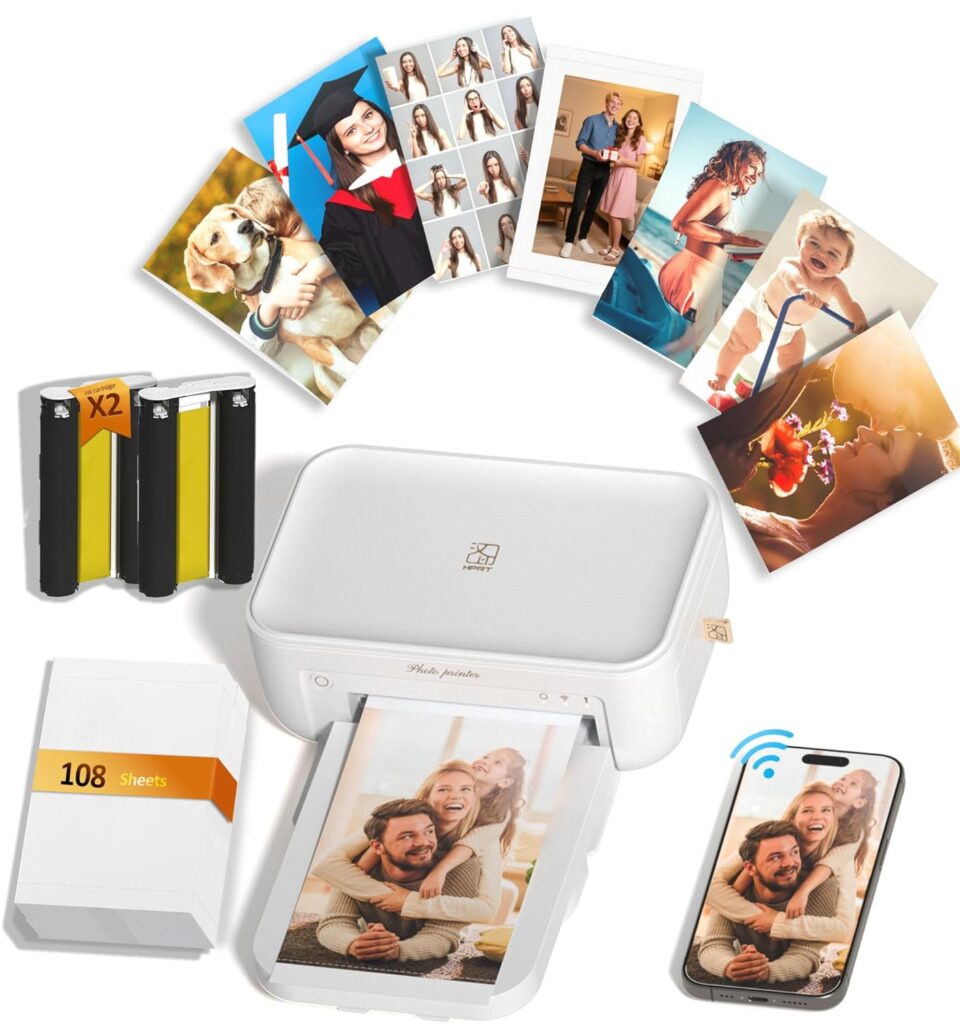 CP4100 4x6 Photo Printer with 108 Sheets  2 Ribbons, Full-Color Thermal Dye Sublimation Wi-Fi Printing, Portable Instant Picture Printer for iPhone/Android, AR Video, Fun App, Home Use, White