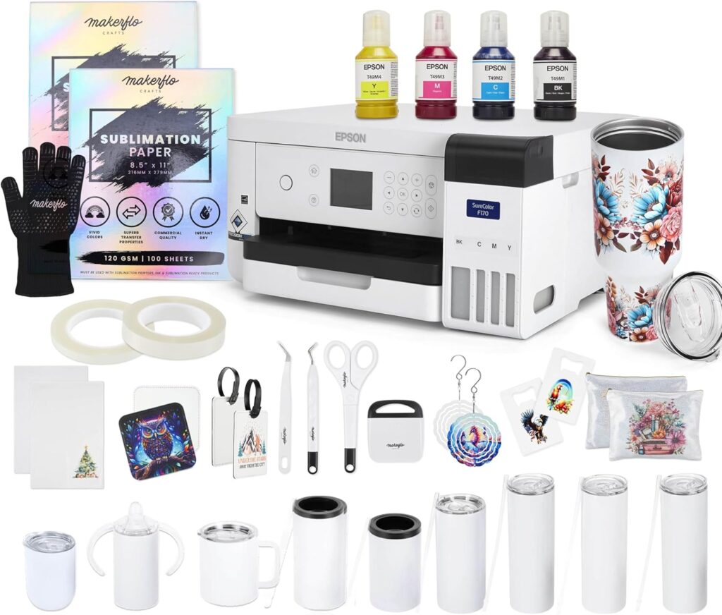 Epson Surecolor F170 Sublimation Starter Kit – Printer with CMYK Ink Set, Design Pack, 10 Sublimation Tumbler Pack, Sublimation Paper, Tape – Perfect for Beginners  Small Business