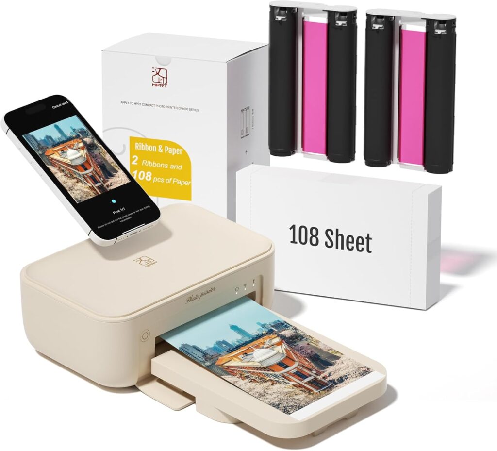 HPRT 4x6 Photo Printer with 108 Sheet Photo Paper 2 Ribbon, Desktop Instant Picture Printer for iPhone, Smartphone, Thermal Dye Sublimation, WI-Fi Connnecting, Home Use, Beige