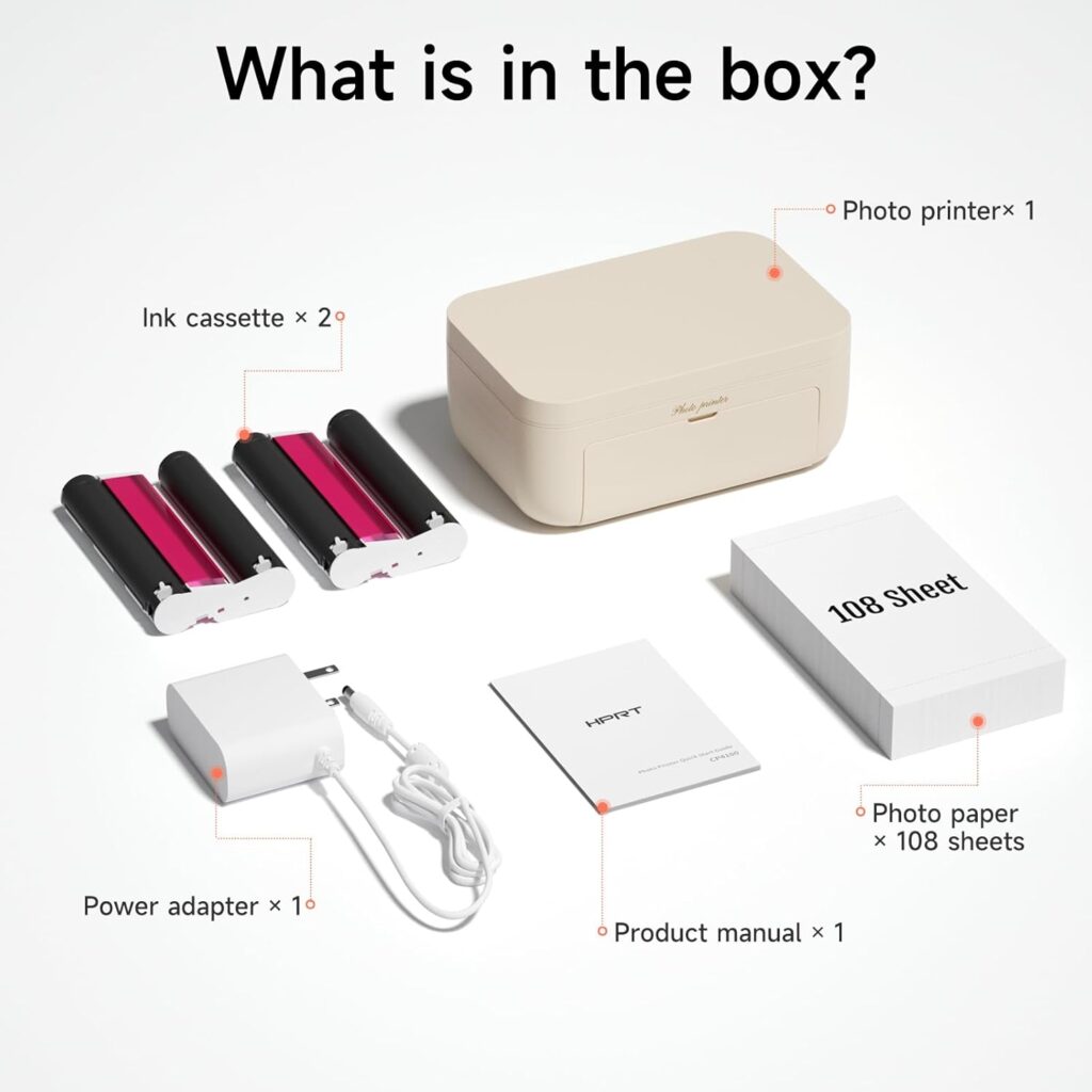 HPRT 4x6 Photo Printer with 108 Sheet Photo Paper 2 Ribbon, Desktop Instant Picture Printer for iPhone, Smartphone, Thermal Dye Sublimation, WI-Fi Connnecting, Home Use, Beige