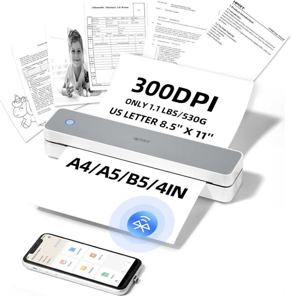 iDPRT Portable-Printer Wireless for Travel, 300DPI Inkless Thermal Small Printers for Home Use, Office, Vehicles, Mobile Bluetooth Printer Supports 8.5 x 11 US Letter, for Smartphone  PC,White