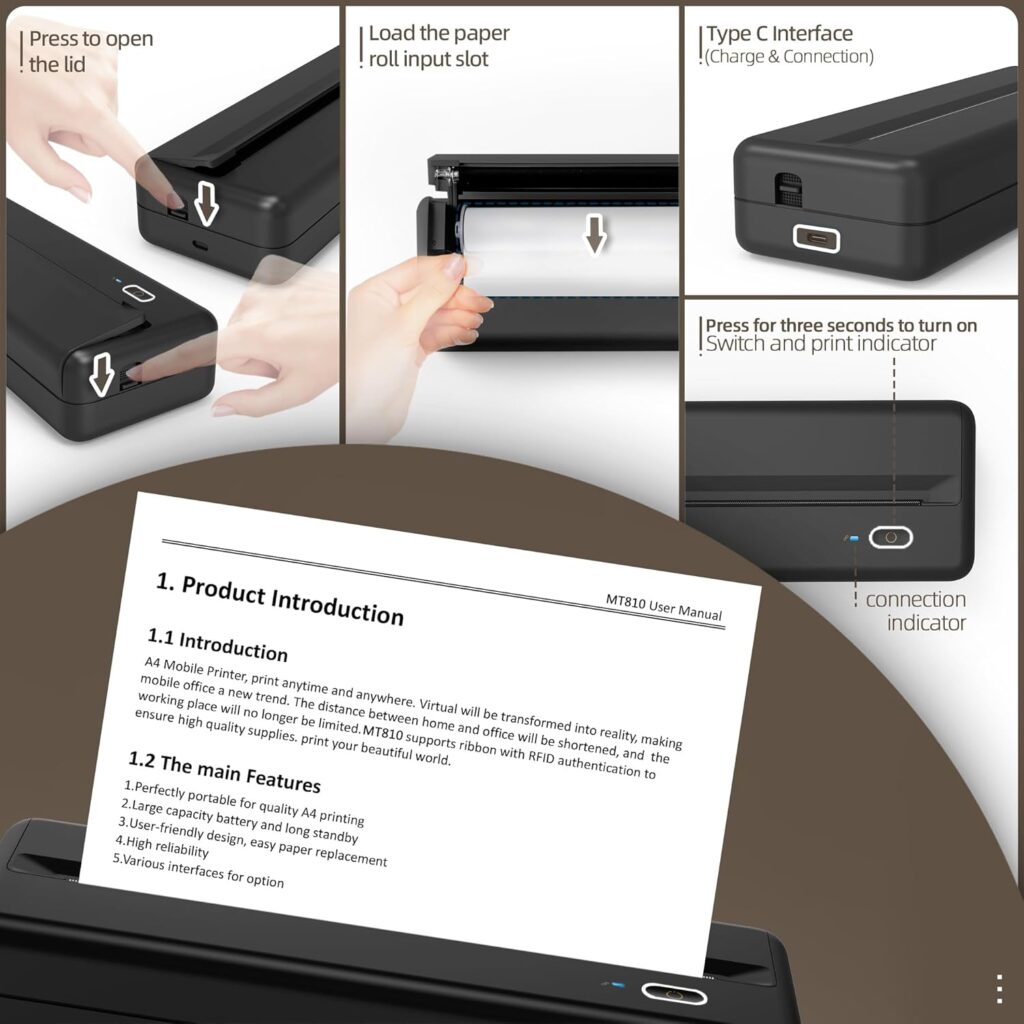 Inkless Wireless Printer for Home Offices  Travel, Supports 8  4 Thermal Paper Roll, Perfect for iOS Android  Laptops, Compact Printer for Bussiness Trips, No Ink Needed