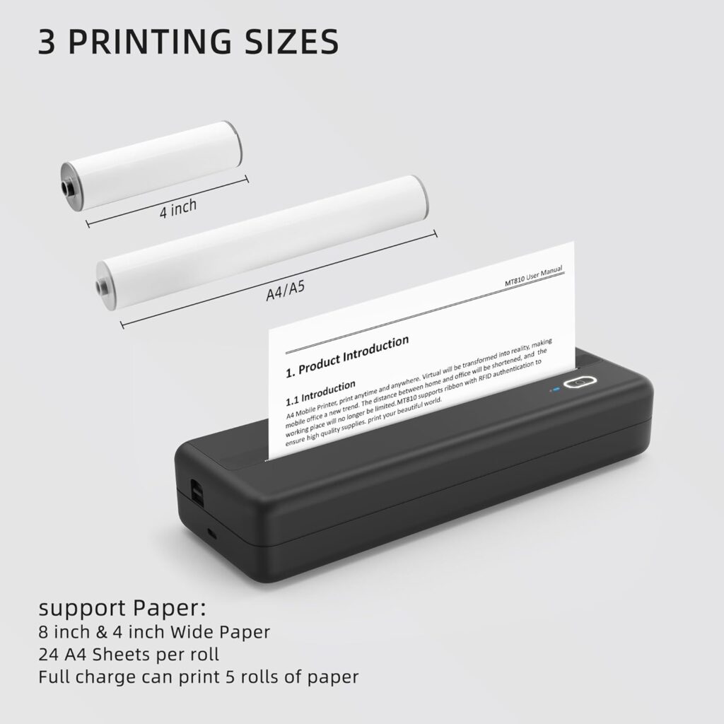 Inkless Wireless Printer for Home Offices  Travel, Supports 8  4 Thermal Paper Roll, Perfect for iOS Android  Laptops, Compact Printer for Bussiness Trips, No Ink Needed