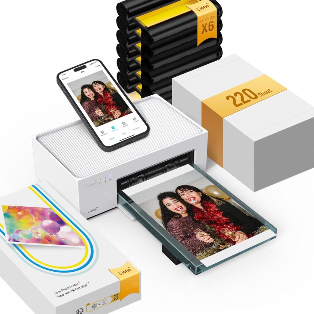Liene M100 4x6 Photo Printer Bundle (220 pcs +6 Ink Cartridges), Wi-Fi Picture Printer for iPhone, Android, Smartphone, Computer, Dye-Sublimation, Portable for Home Use