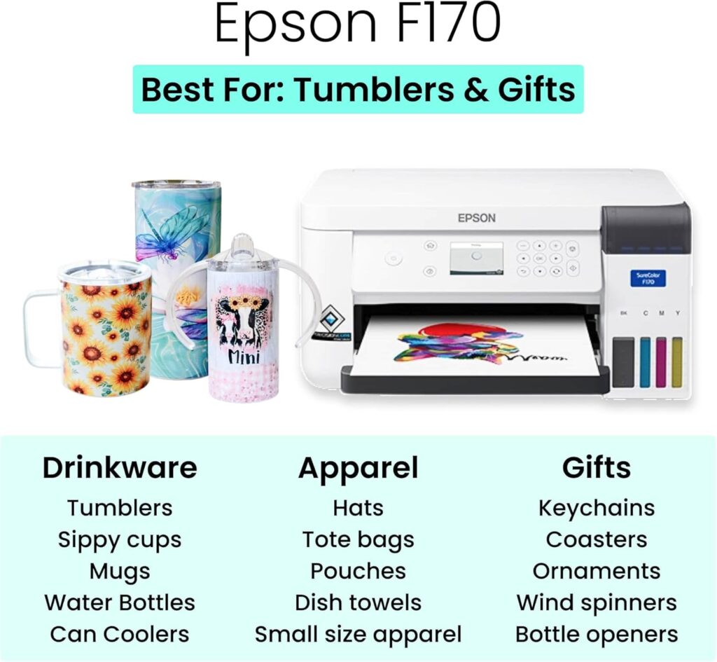 makerflo Epson SureColor F170 Sublimation Printer – Professional Dye Sublimation for Tumblers, T-Shirts, Mugs, Keychains – Desktop Inkjet Printer for Mac  Windows