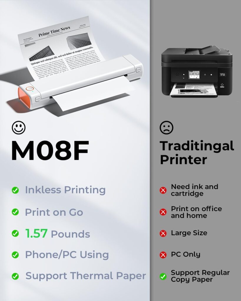 Phomemo Portable Printers Wireless for Travel, M08F Inkless Thermal Printer Support for 8.5x11 US Letter, Small Bluetooth Printer Compatible with Phone, Laptop for Car, Office, Home Use, School