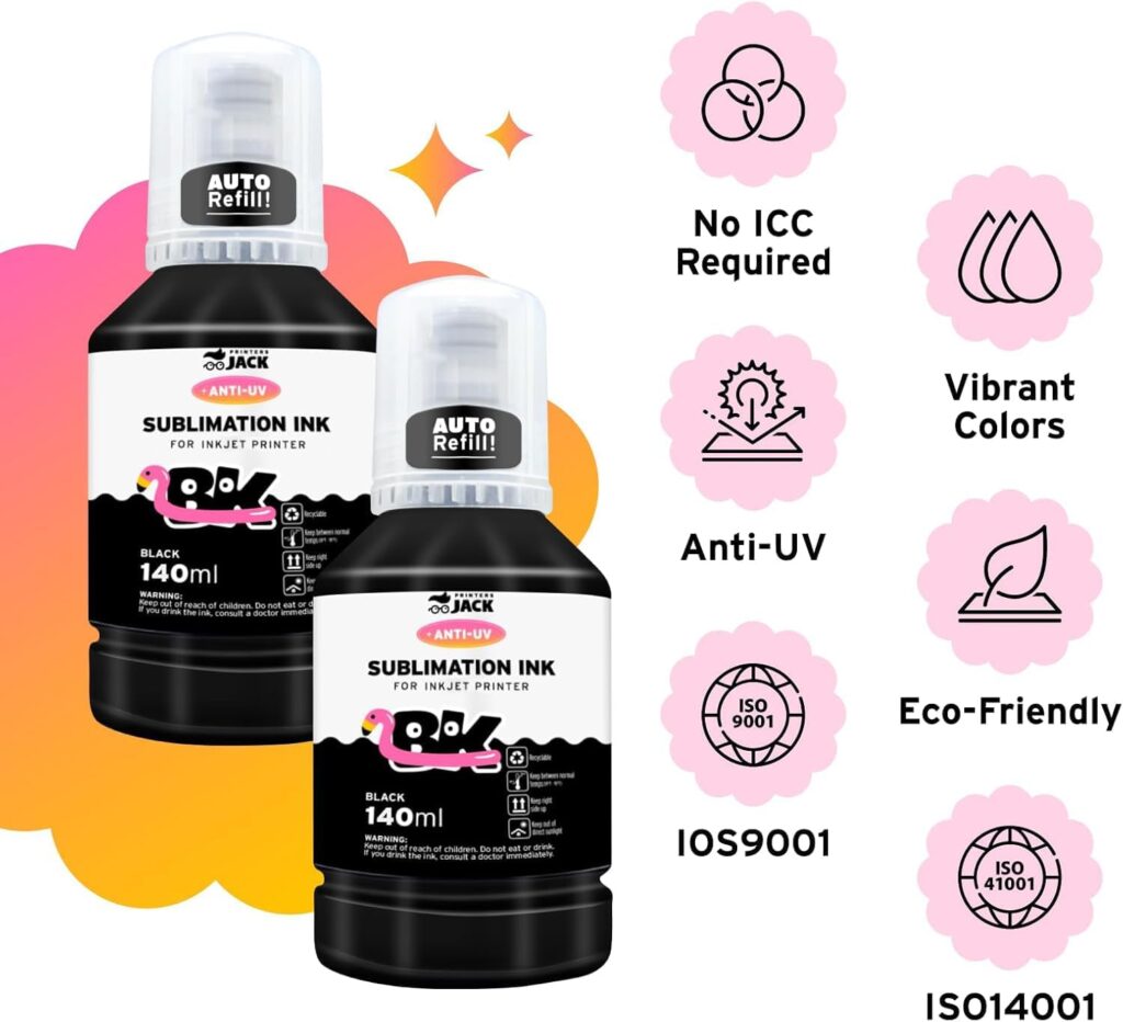 Printers Jack 400ML Sublimation Ink for Epson C88 C88+ WF7710 ET2720 ET4700 ET15000 ET2760 ET2750 WF7820 Inkjet Printers Heat Press Transfer on Mugs, Plates, Polyester Shirts, Phone Cases etc