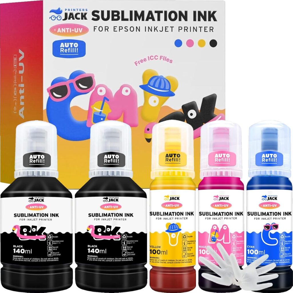 Printers Jack 700ML Sublimation Ink for EcoTank Supertank Inkjet Printer ET-2720 ET-2760 ET-2750 ET-2700 ET-3700 ET-3710 ET-3750 ET-3760 Heat Press Transfer on T-Shirt (Autofill/ICC-Free/Anti-UV)