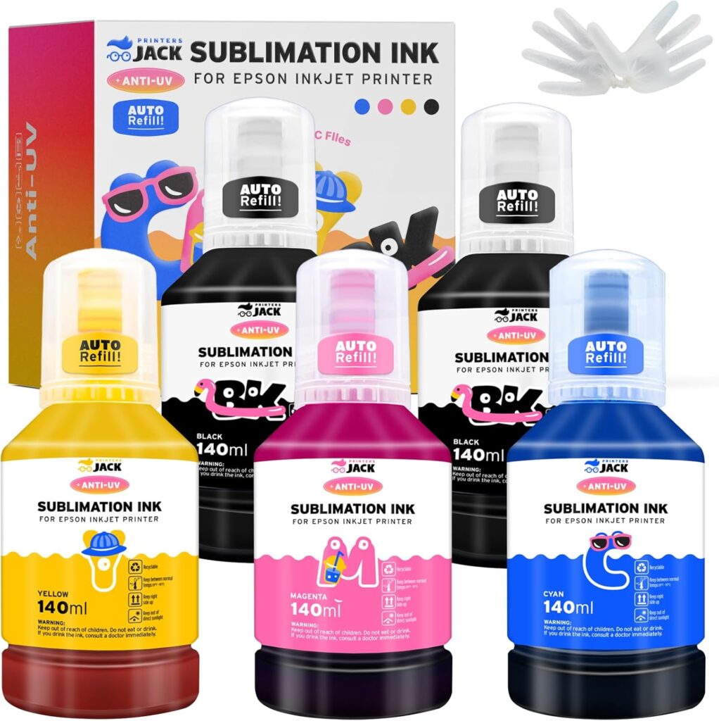 Printers Jack 700ML Sublimation Ink for EcoTank Supertank Inkjet Printer ET-2720 ET-2760 ET-2750 ET-2700 ET-3700 ET-3710 ET-3750 ET-3760 Heat Press Transfer on T-Shirt (Autofill/ICC-Free/Anti-UV)