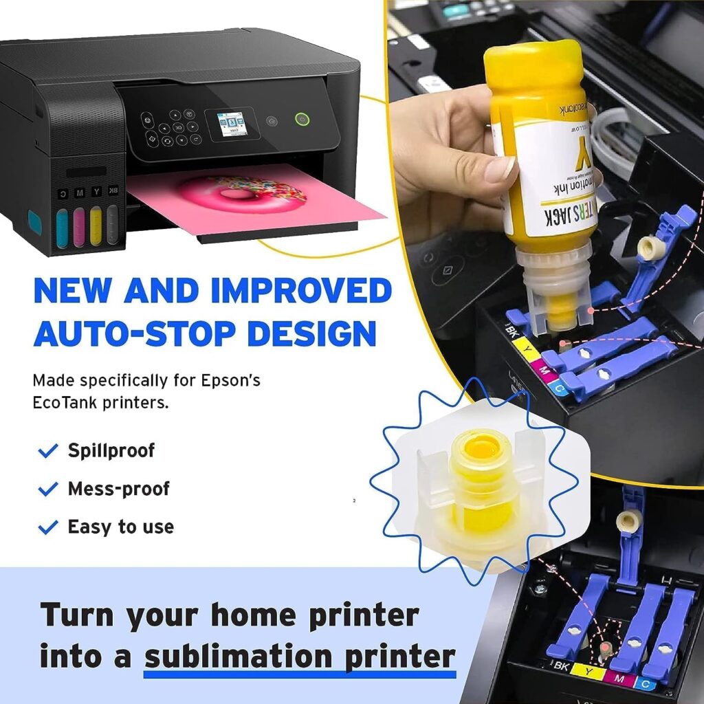 Printers Jack 700ML Sublimation Ink for EcoTank Supertank Inkjet Printer ET-2720 ET-2760 ET-2750 ET-2700 ET-3700 ET-3710 ET-3750 ET-3760 Heat Press Transfer on T-Shirt (Autofill/ICC-Free/Anti-UV)