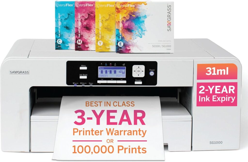 Sawgrass SG1000 VersiFlex Printer Bundle, Innovative Inks  Light Heat Transfer Paper Bundle - Soft-Touch Infusible Ink, 8.5x11 Paper - Professional Results on Untreated Fabric and Wood