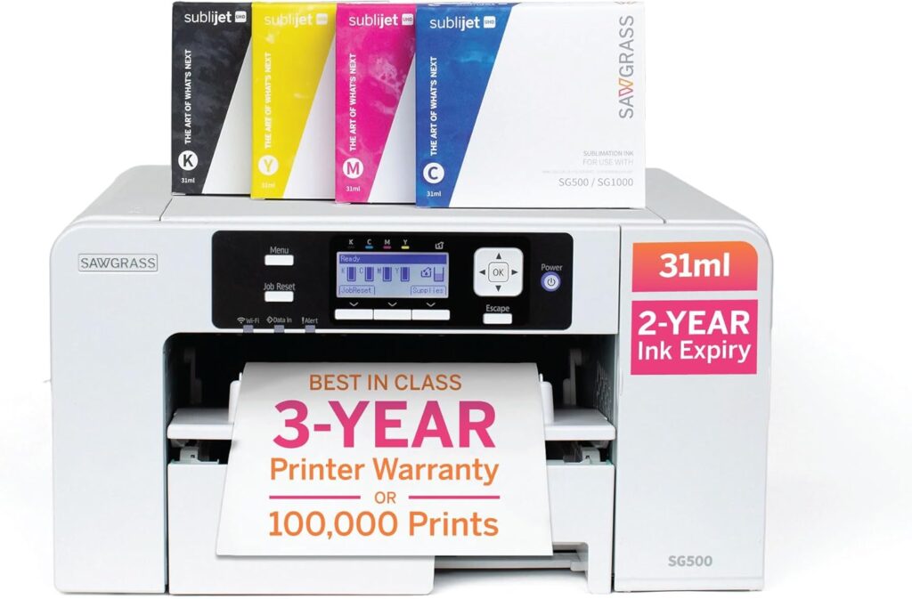 Sawgrass SG500 Sublimation Printer Bundle | Includes Professional Dye-Sublimation Printer with 31mL SubliJet UHD Inks  TruePix Sublimation Paper | Wi-Fi Connectivity | Create Custom Designs