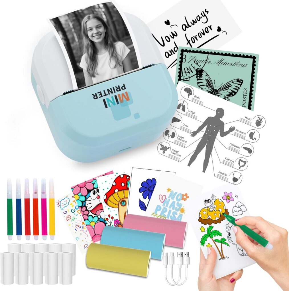 Sticker Printer - 24/Min Fast Printing-Bluetooth Inkless PrinterSticker Maker with 13 Rolls Paper,Wireless Thermal Printer for iPhone/Android,Compact Print Pod for Notes,Journals,DIY,Kids Crafts