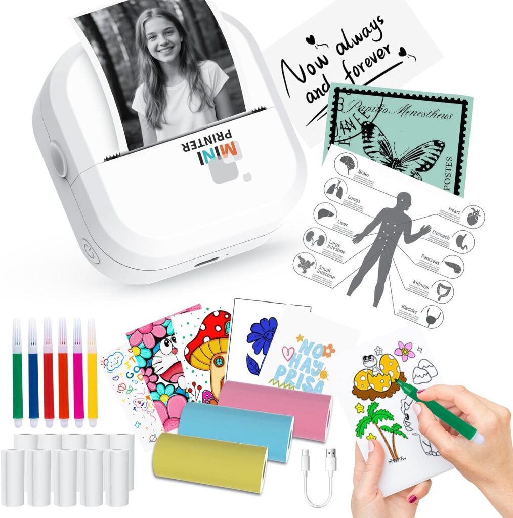 Sticker Printer - 24/Min Fast Printing-Bluetooth Inkless PrinterSticker Maker with 13 Rolls Paper,Wireless Thermal Printer for iPhone/Android,Compact Print Pod for Notes,Journals,DIY,Kids Crafts