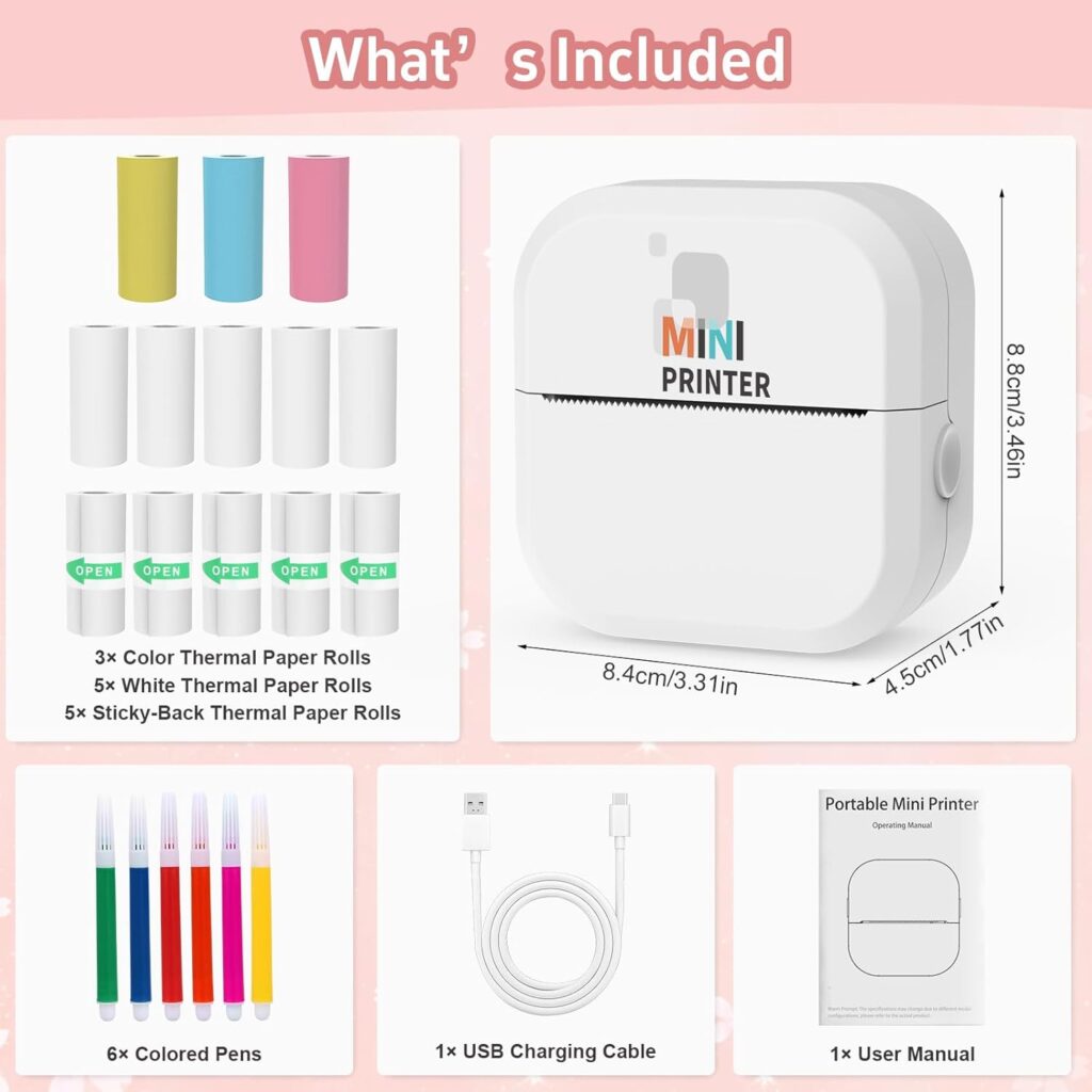Sticker Printer - 24/Min Fast Printing-Bluetooth Inkless PrinterSticker Maker with 13 Rolls Paper,Wireless Thermal Printer for iPhone/Android,Compact Print Pod for Notes,Journals,DIY,Kids Crafts