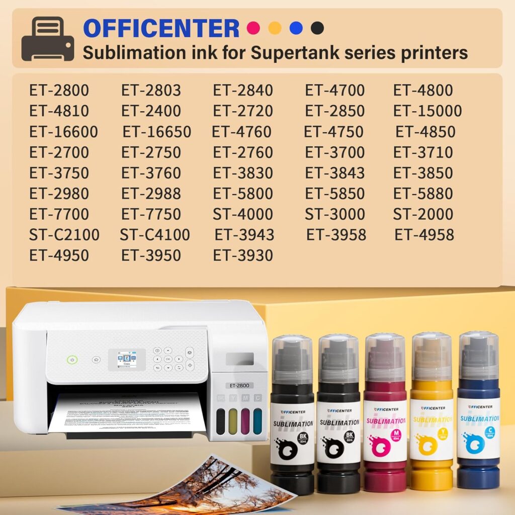 Sublimation Ink Compatible for Ecotank ET-2800 ET-2803 ET-2840 ET-4700 ET-4800 ET-2400 ET-2720 ET-15000 ET-2850 ET-2750 ET-2760 Inkjet Printers Sublimation Ink for Heat Press Transfer on Mugs T-Shirts